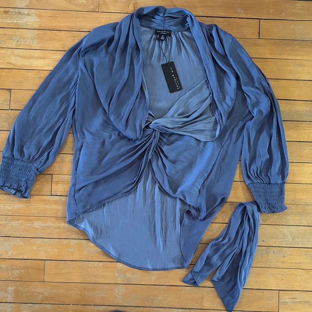 EUC Current Air Draped Satin Twist-Front Blouse in Steel Blue